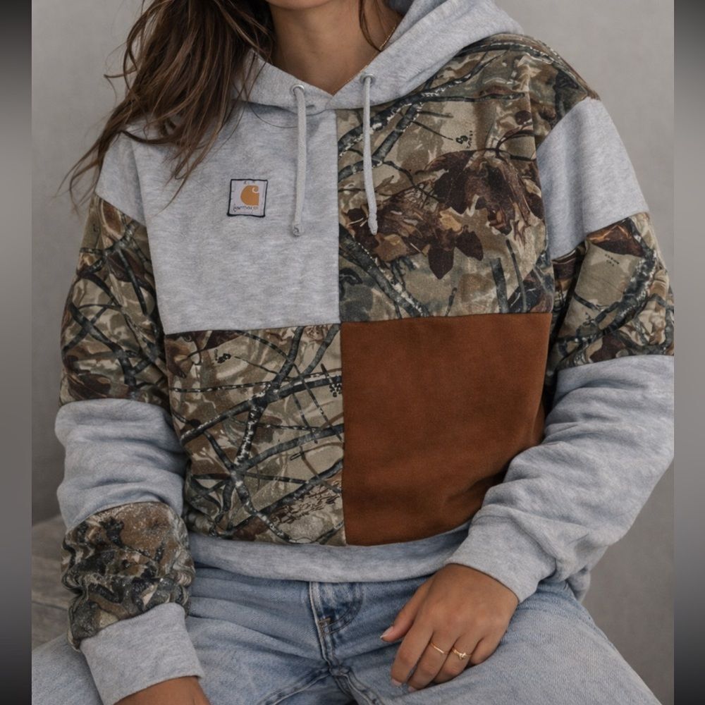 Carhartt Upcycled Handmade Gray Camouflage Relaxed Patchwork Hoodie Sweater